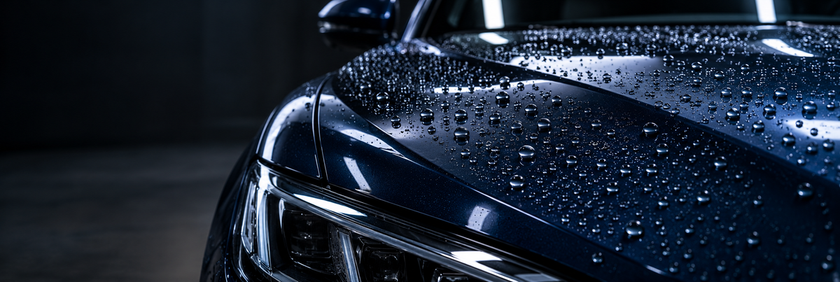 Water beads on glossy midnight blue automotive paint